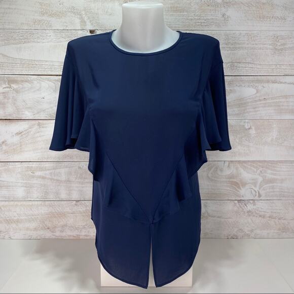 BCBGMAXAZRIA Navy Blue Solid Ruffle Short Sleeve Polyester Blouse Top Size XS - Picture 2 of 10